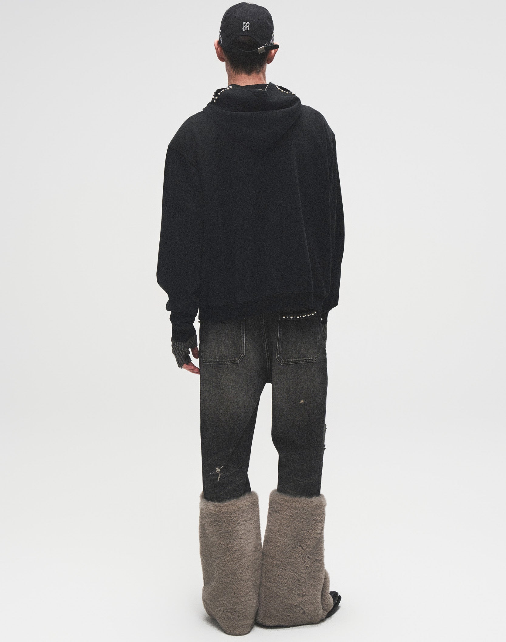 Pearl Fur Patchwork Jeans In BLK