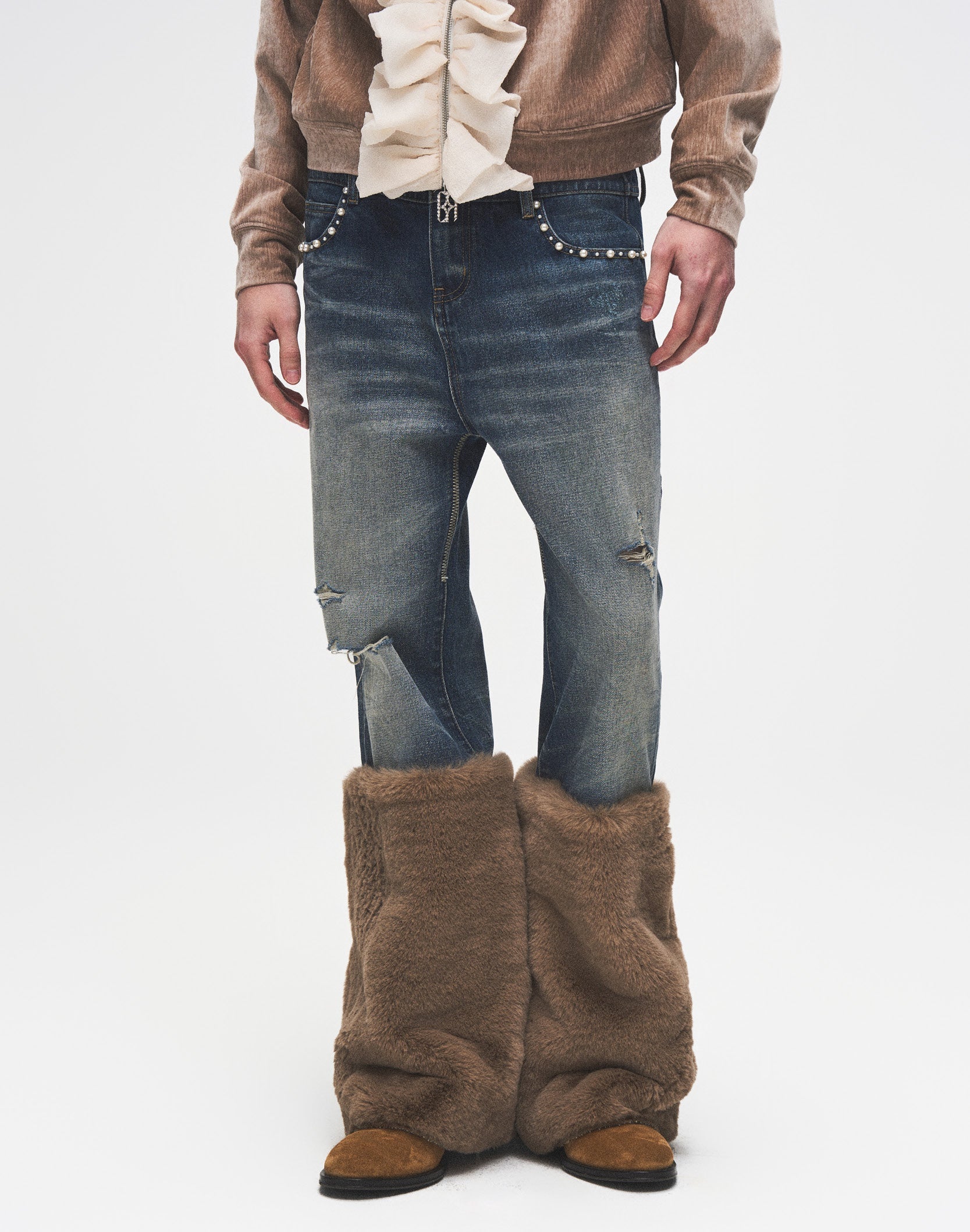 Pearl Fur Patchwork Jeans In BLU