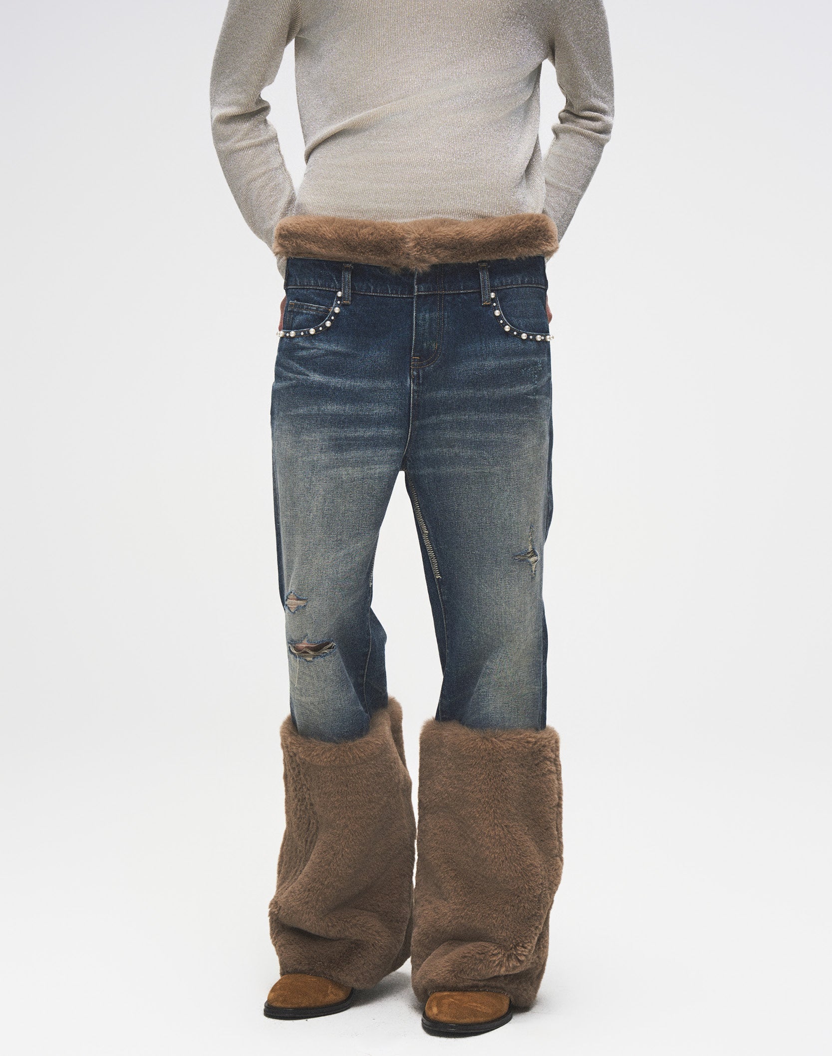 Pearl Fur Patchwork Jeans In BLU