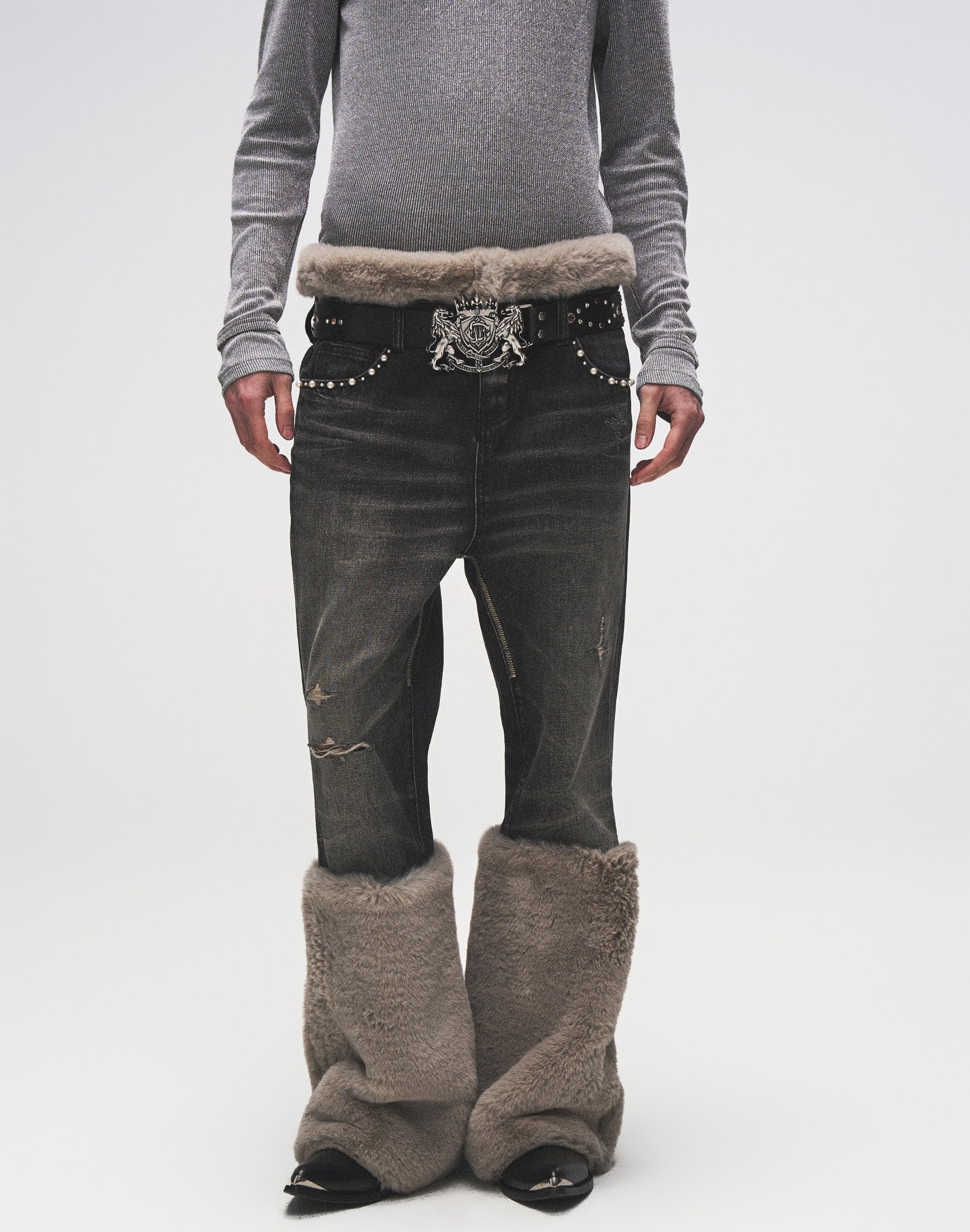 Pearl Fur Patchwork Jeans In BLK