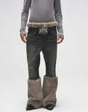 Pearl Fur Patchwork Jeans In BLK