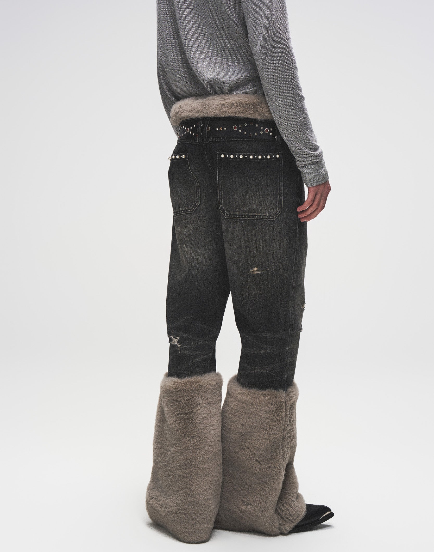 Pearl Fur Patchwork Jeans In BLK