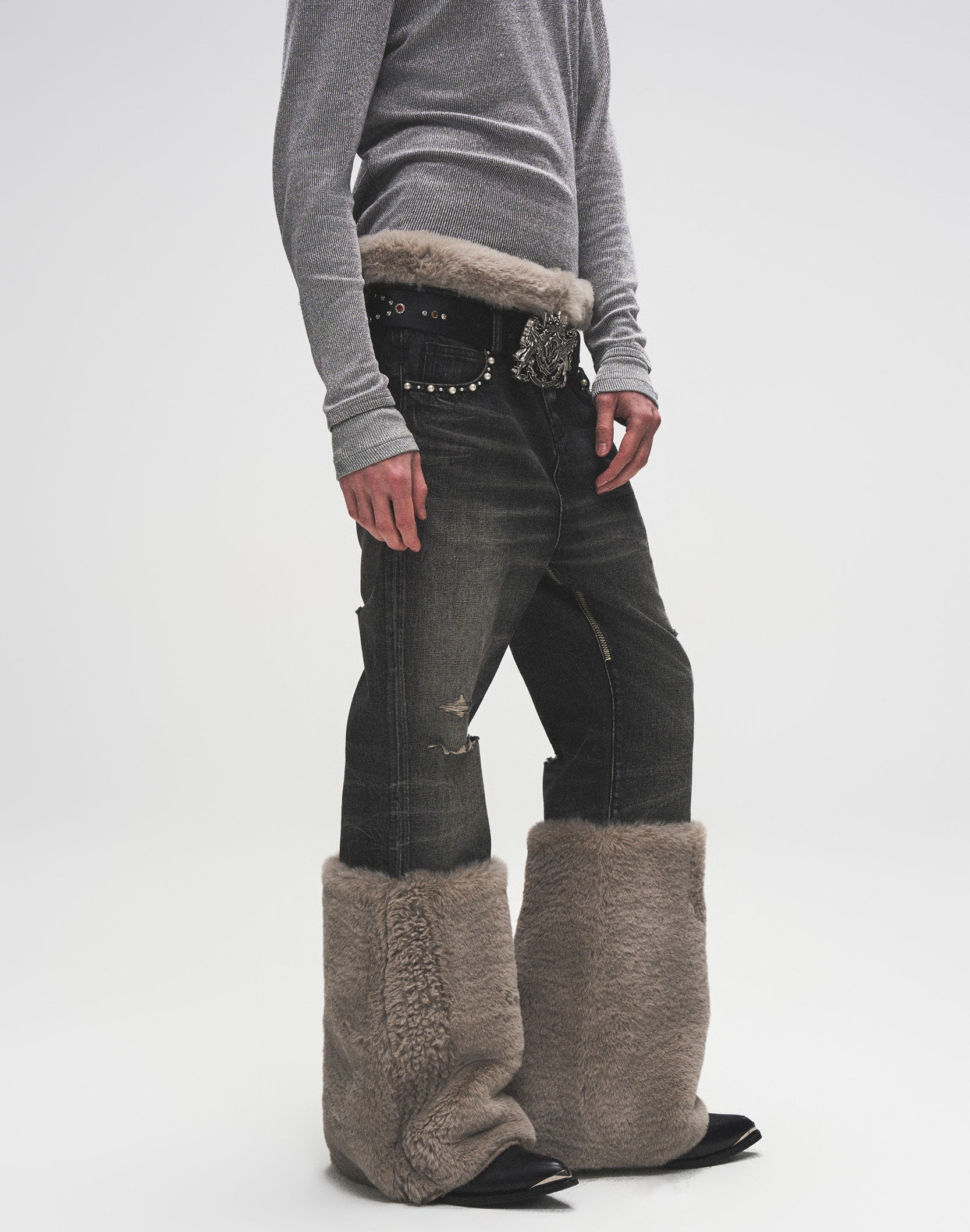 Pearl Fur Patchwork Jeans In BLK