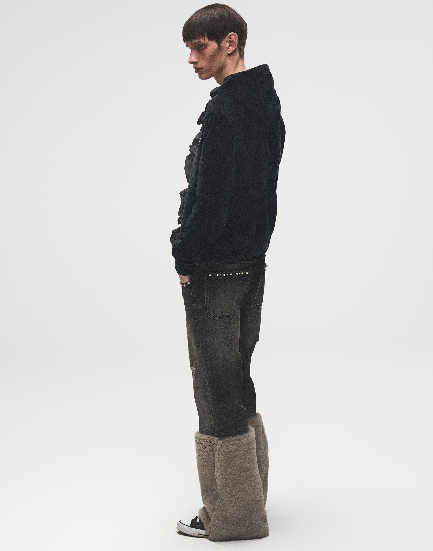 Pearl Fur Patchwork Jeans In BLK