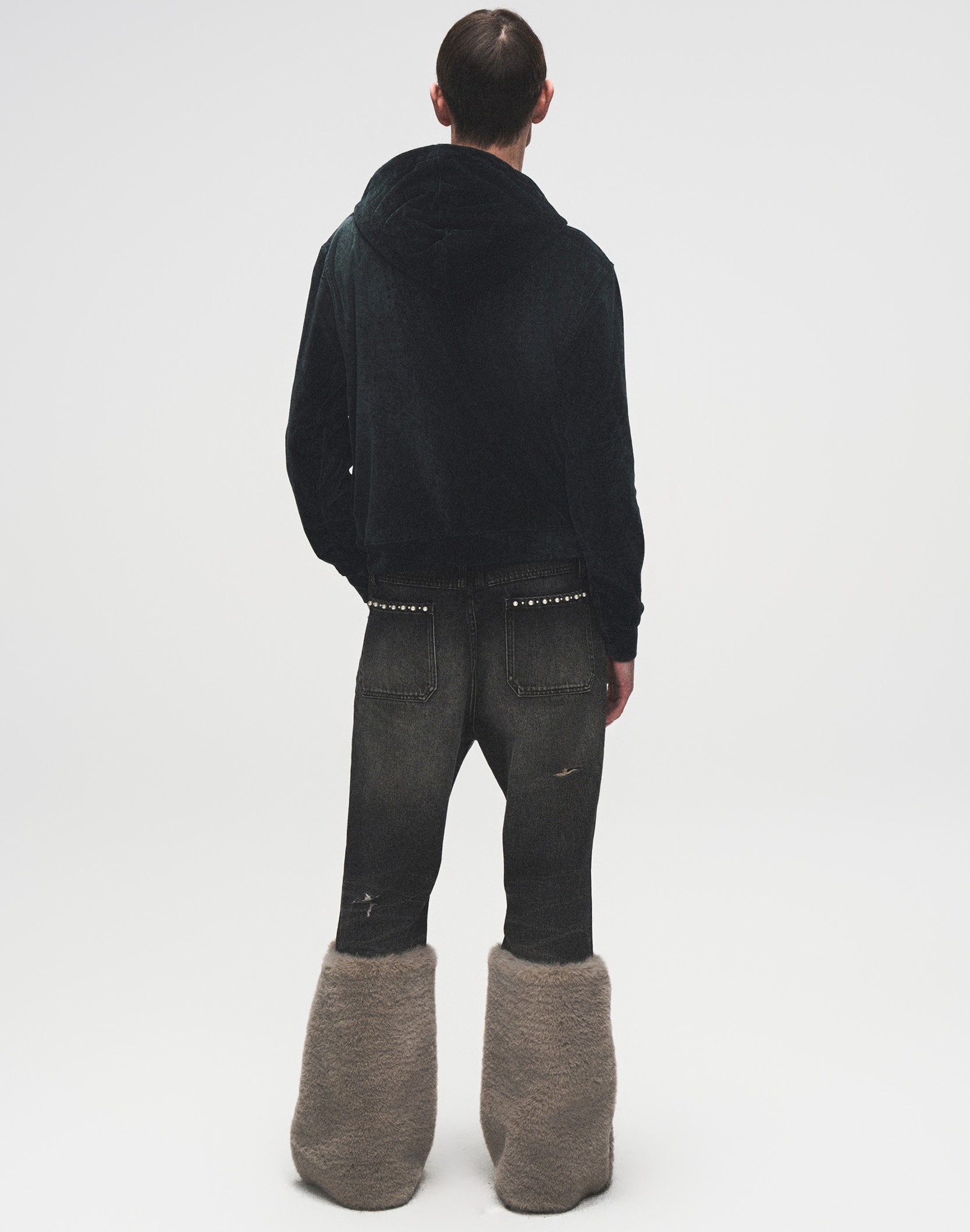 Pearl Fur Patchwork Jeans In BLK