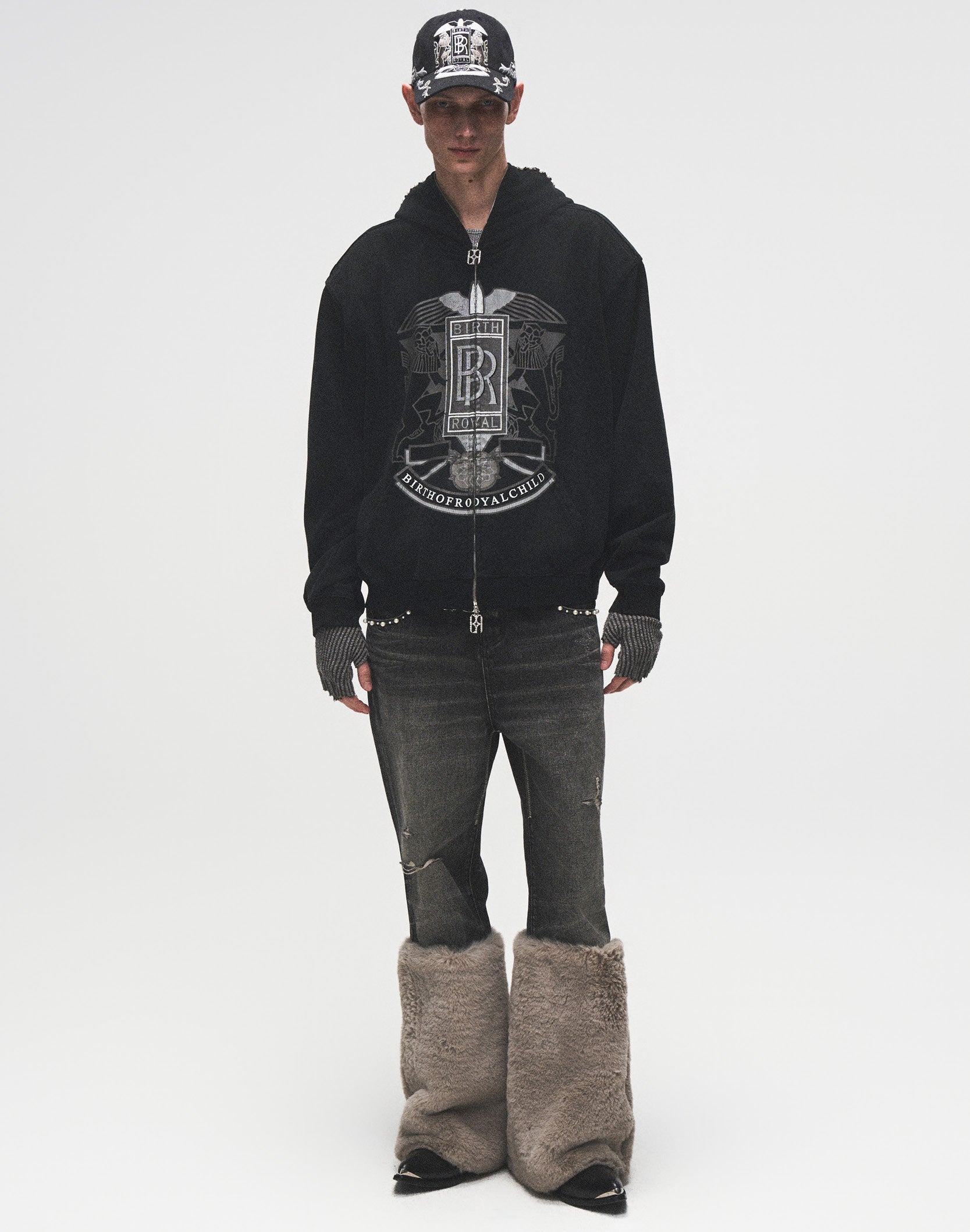 Pearl Fur Patchwork Jeans In BLK