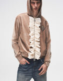 Ruffled Velvet Zipper Hoodie-BRN