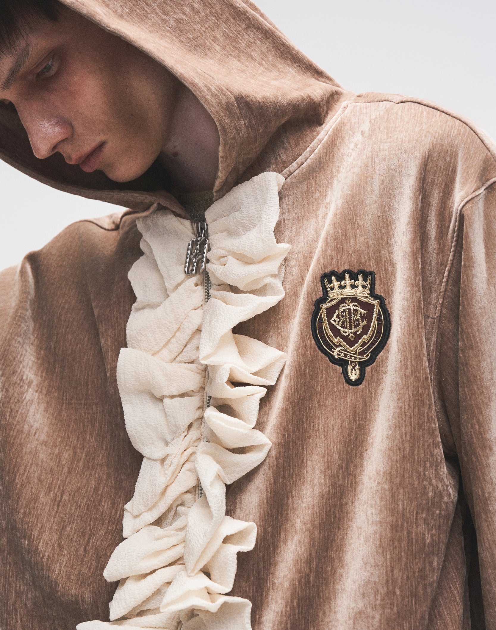 Ruffled Velvet Zipper Hoodie-BRN