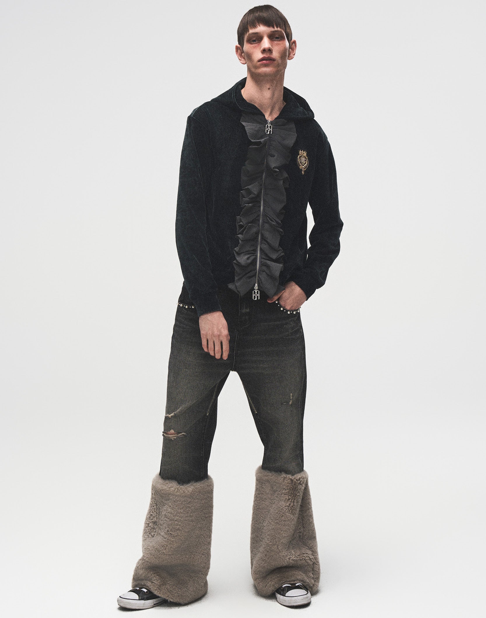 Ruffled Velvet Zipper Hoodie-BLK