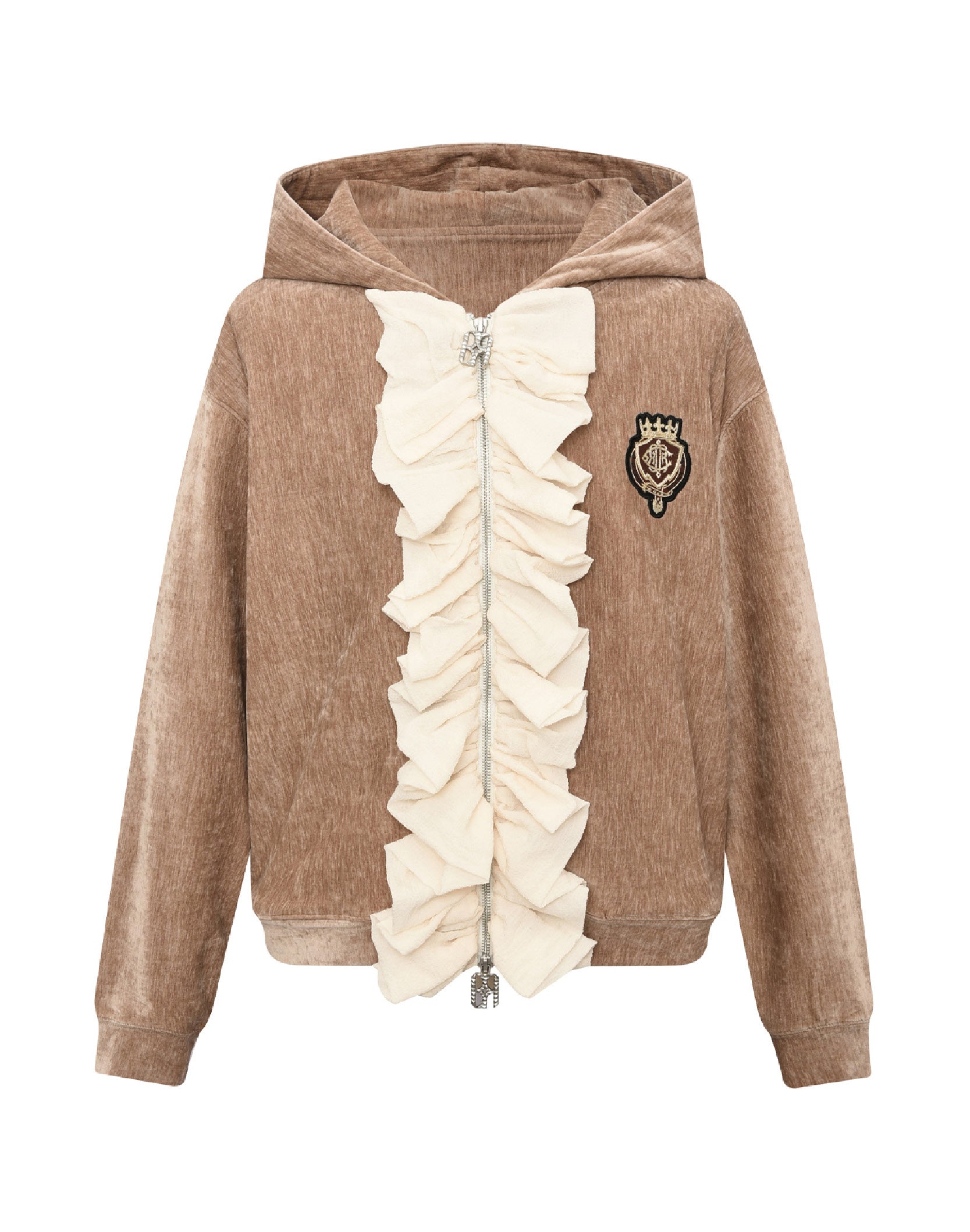 Ruffled Velvet Zipper Hoodie-BRN
