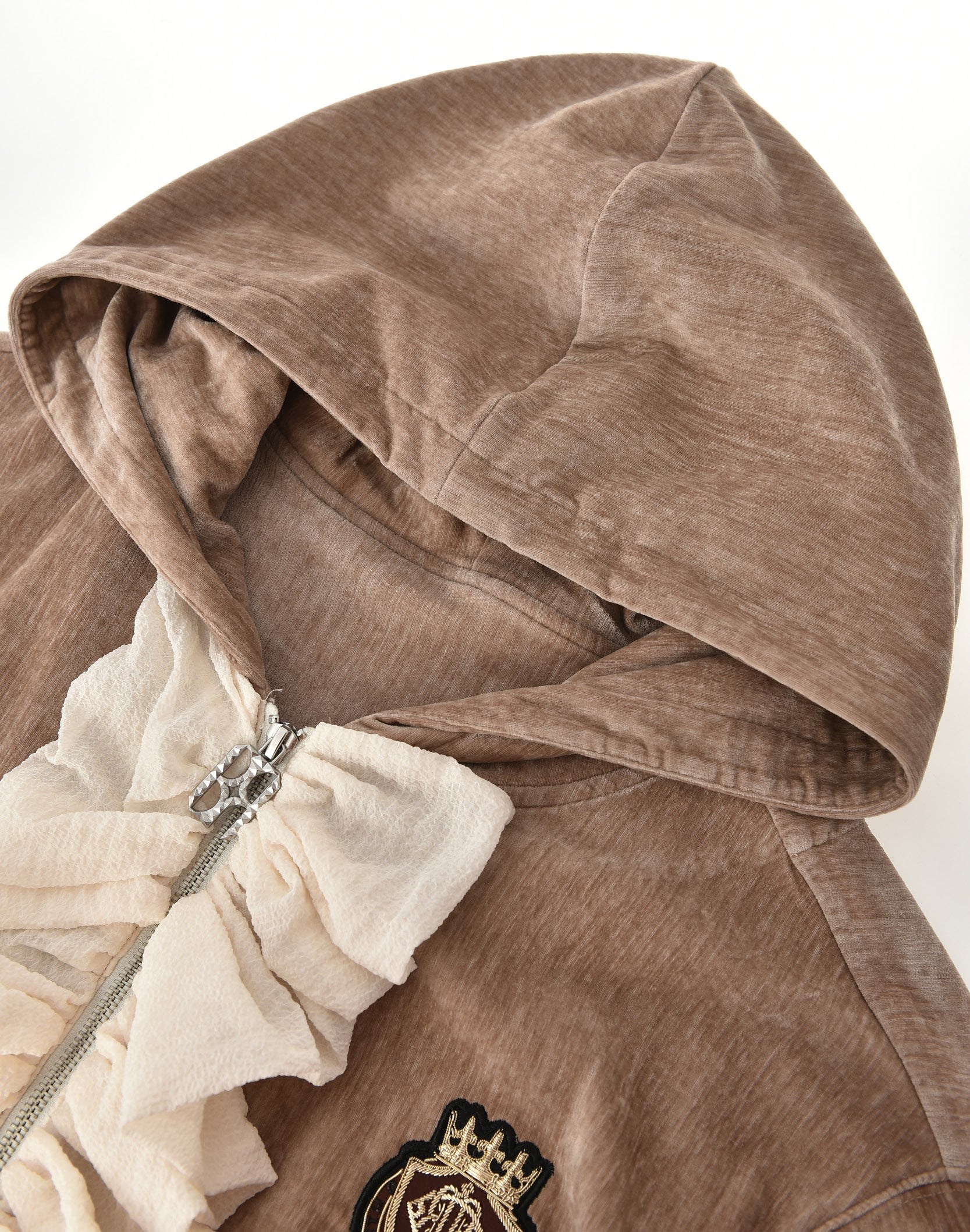 Ruffled Velvet Zipper Hoodie-BRN