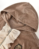 Ruffled Velvet Zipper Hoodie-BRN