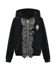 Ruffled Velvet Zipper Hoodie-BLK