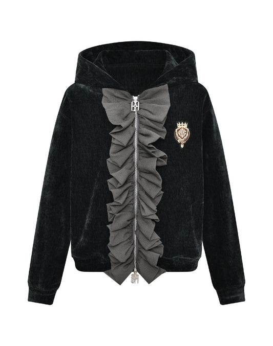 Ruffled Velvet Zipper Hoodie-BLK