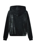 Ruffled Velvet Zipper Hoodie-BLK