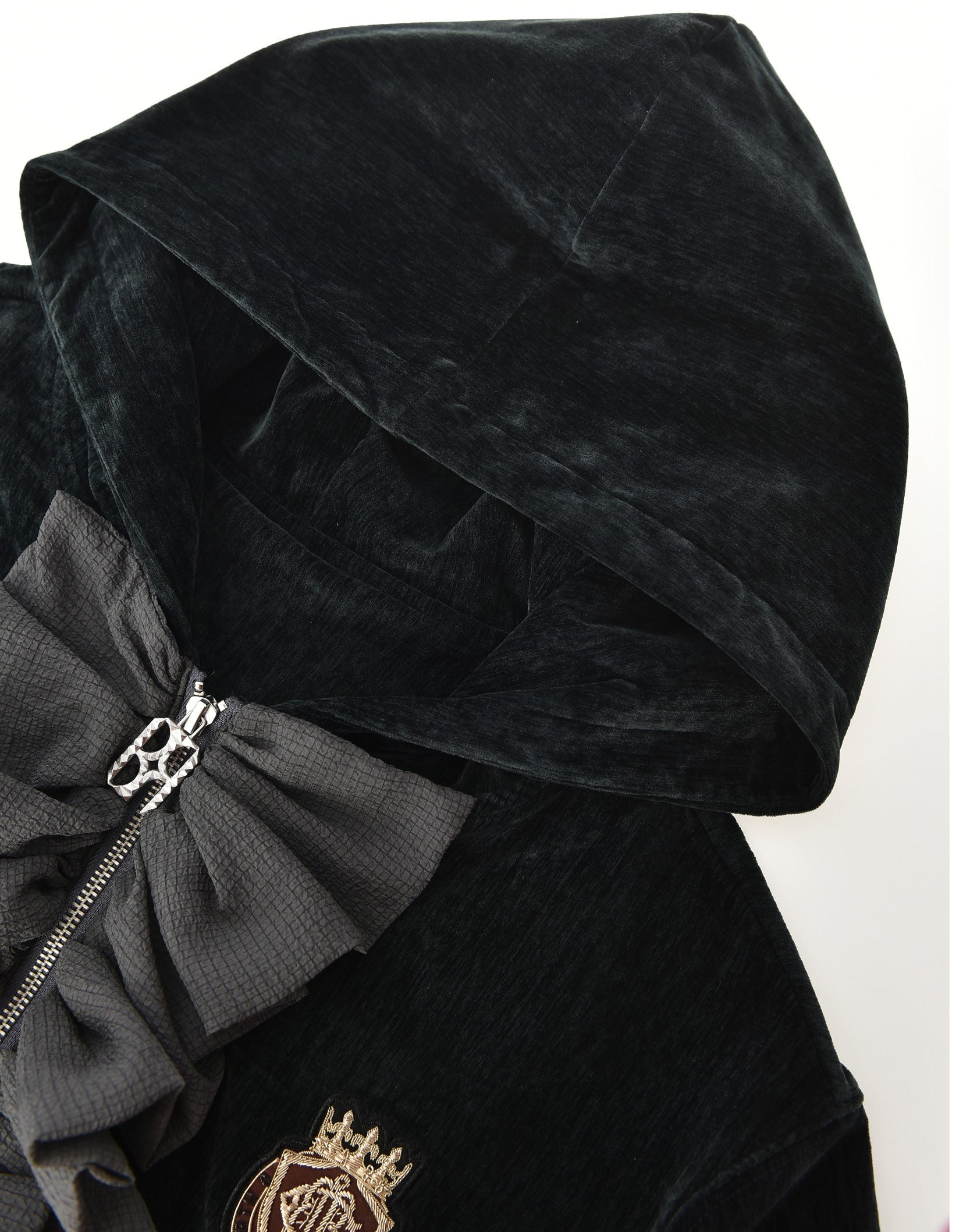 Ruffled Velvet Zipper Hoodie-BLK
