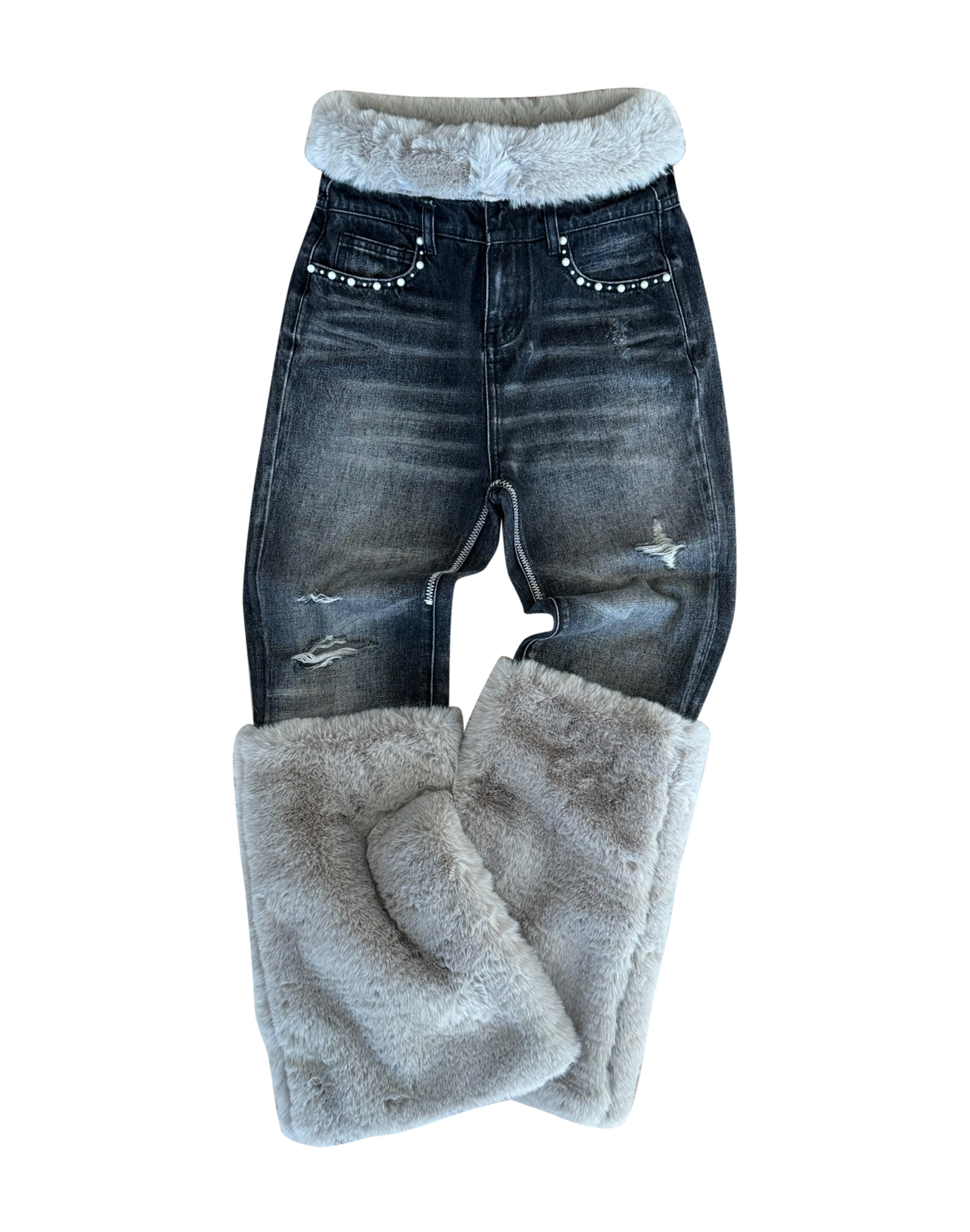 Pearl Fur Patchwork Jeans In BLK