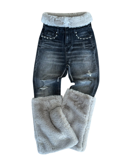 Pearl Fur Patchwork Jeans In BLK