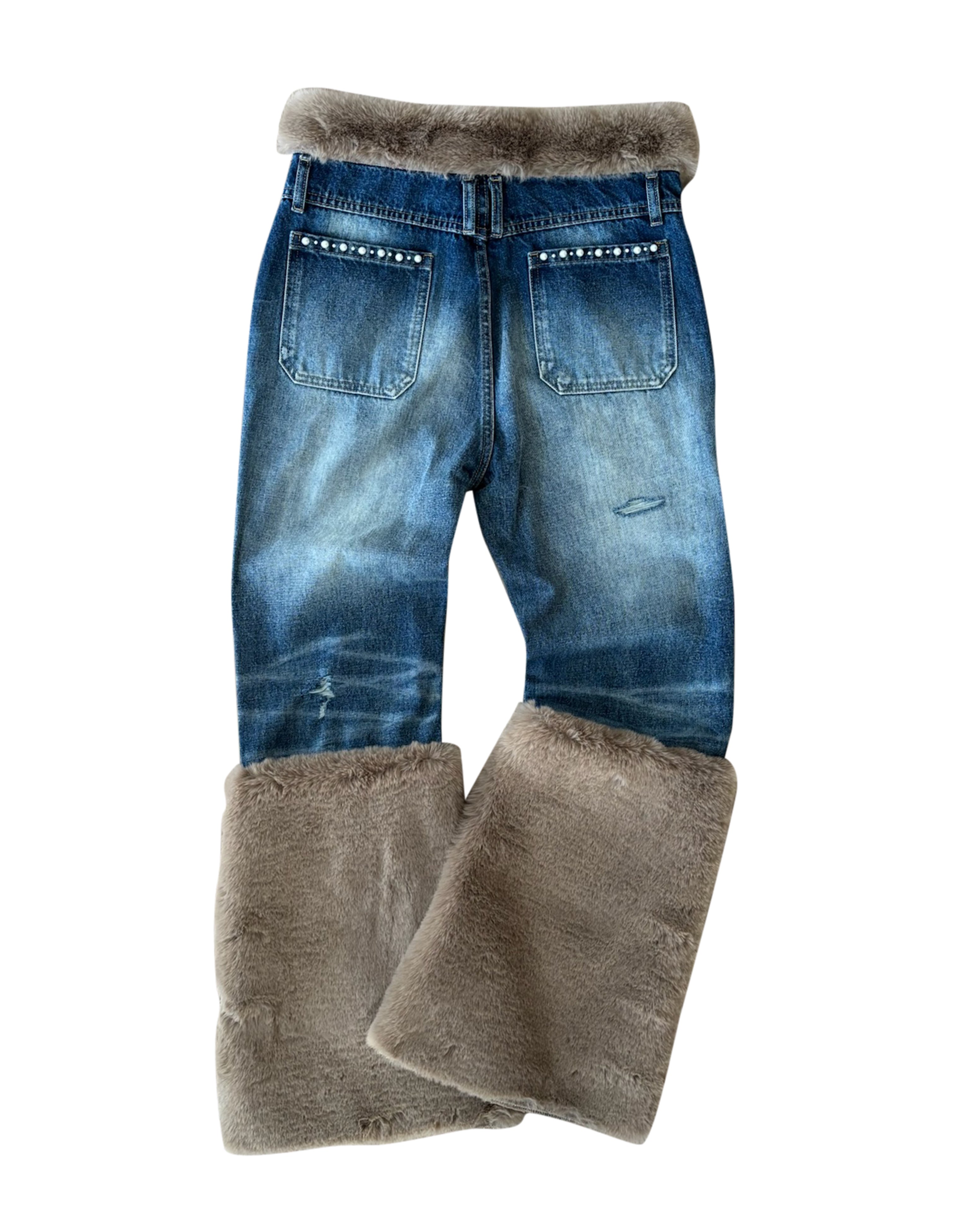 Pearl Fur Patchwork Jeans In BLU