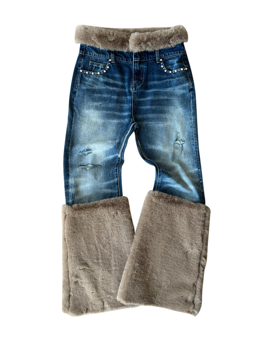 Pearl Fur Patchwork Jeans In BLU