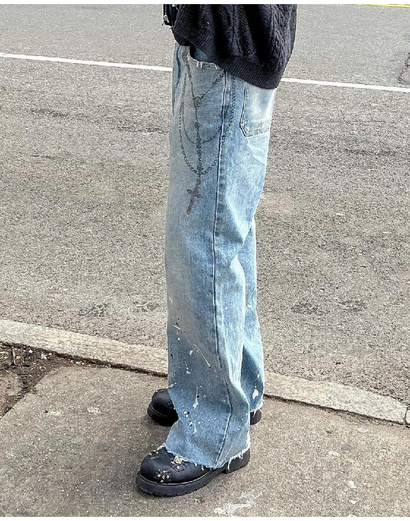 Chain Ink Print Detailed Patch Jeans