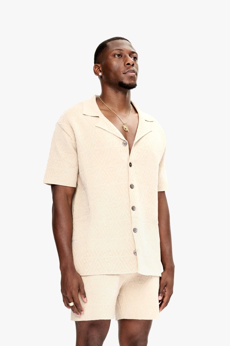 Branding Knit Button Down Tan