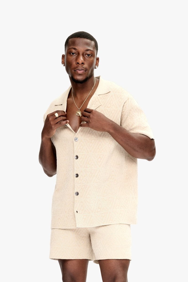 Branding Knit Button Down Tan