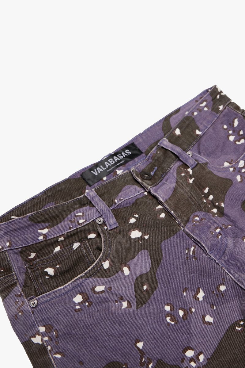 "COMMANDER" STACKED FLARE JEAN PURPLE BROWN CAMO