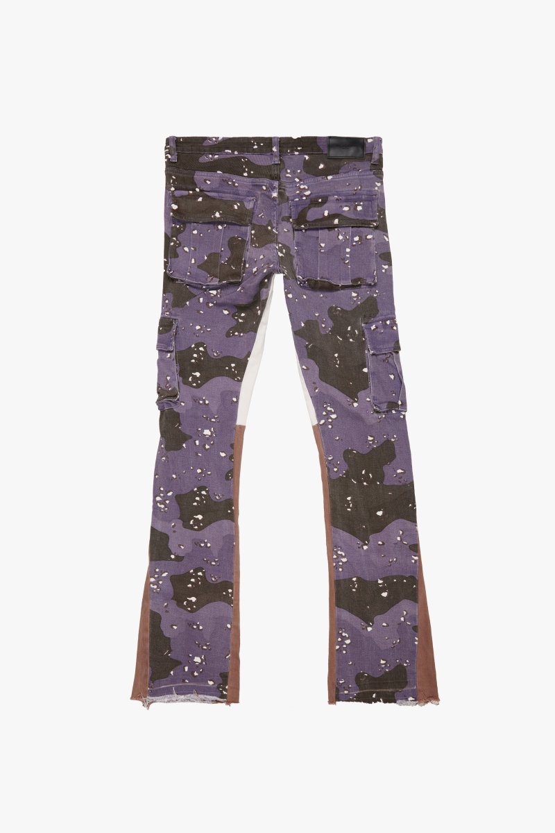"COMMANDER" STACKED FLARE JEAN PURPLE BROWN CAMO