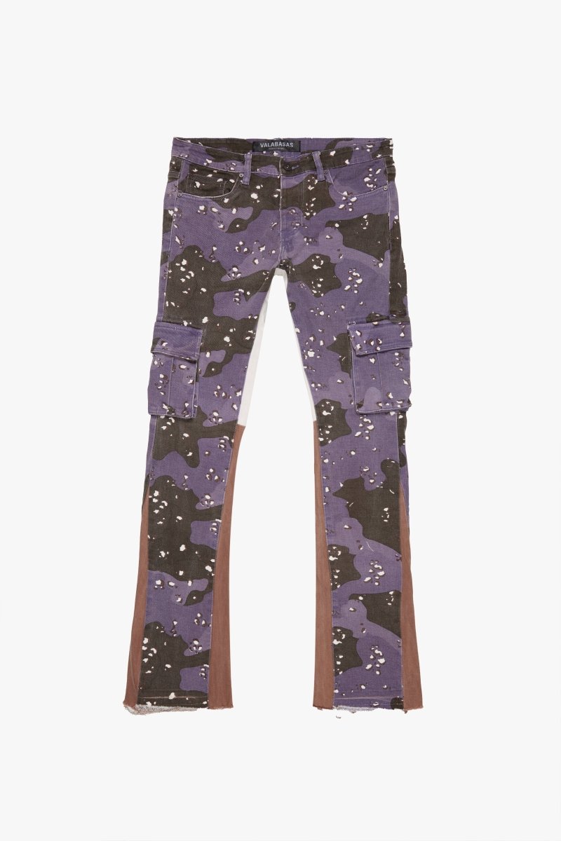 "COMMANDER" STACKED FLARE JEAN PURPLE BROWN CAMO