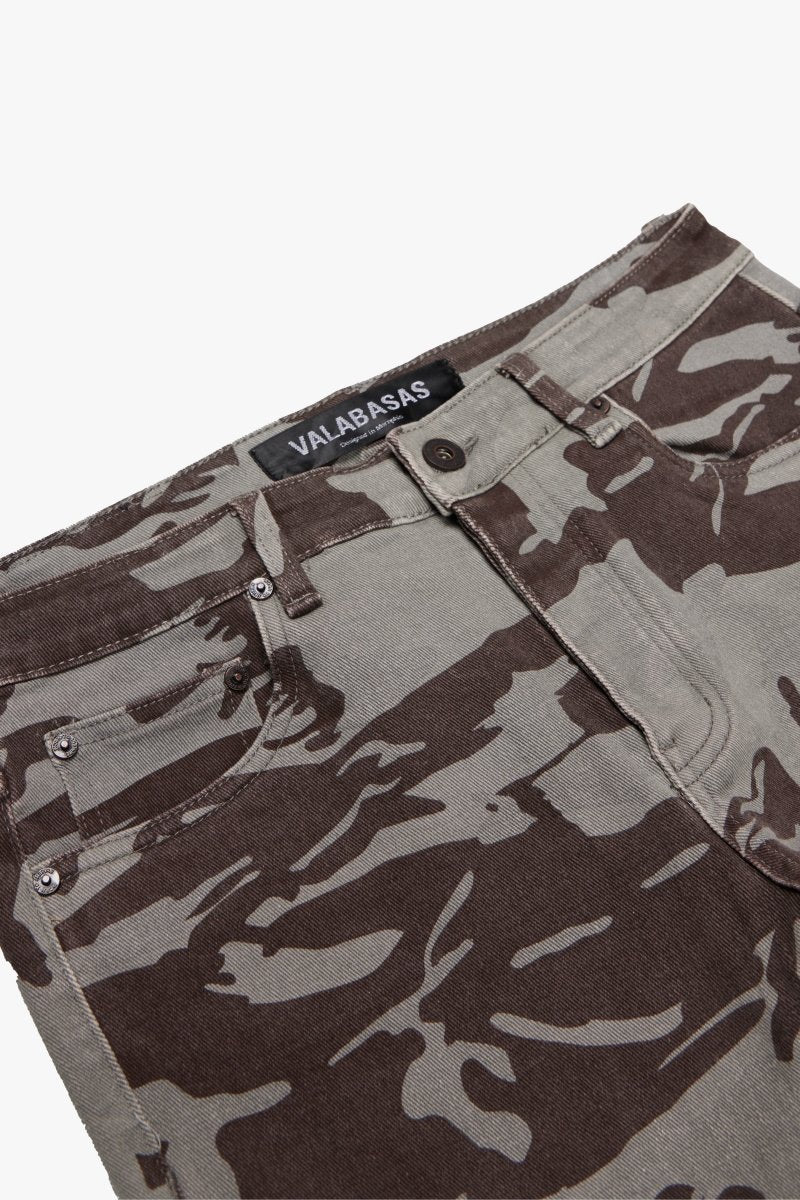 "COURAGE" STACKED FLARE JEAN GREY CAMO