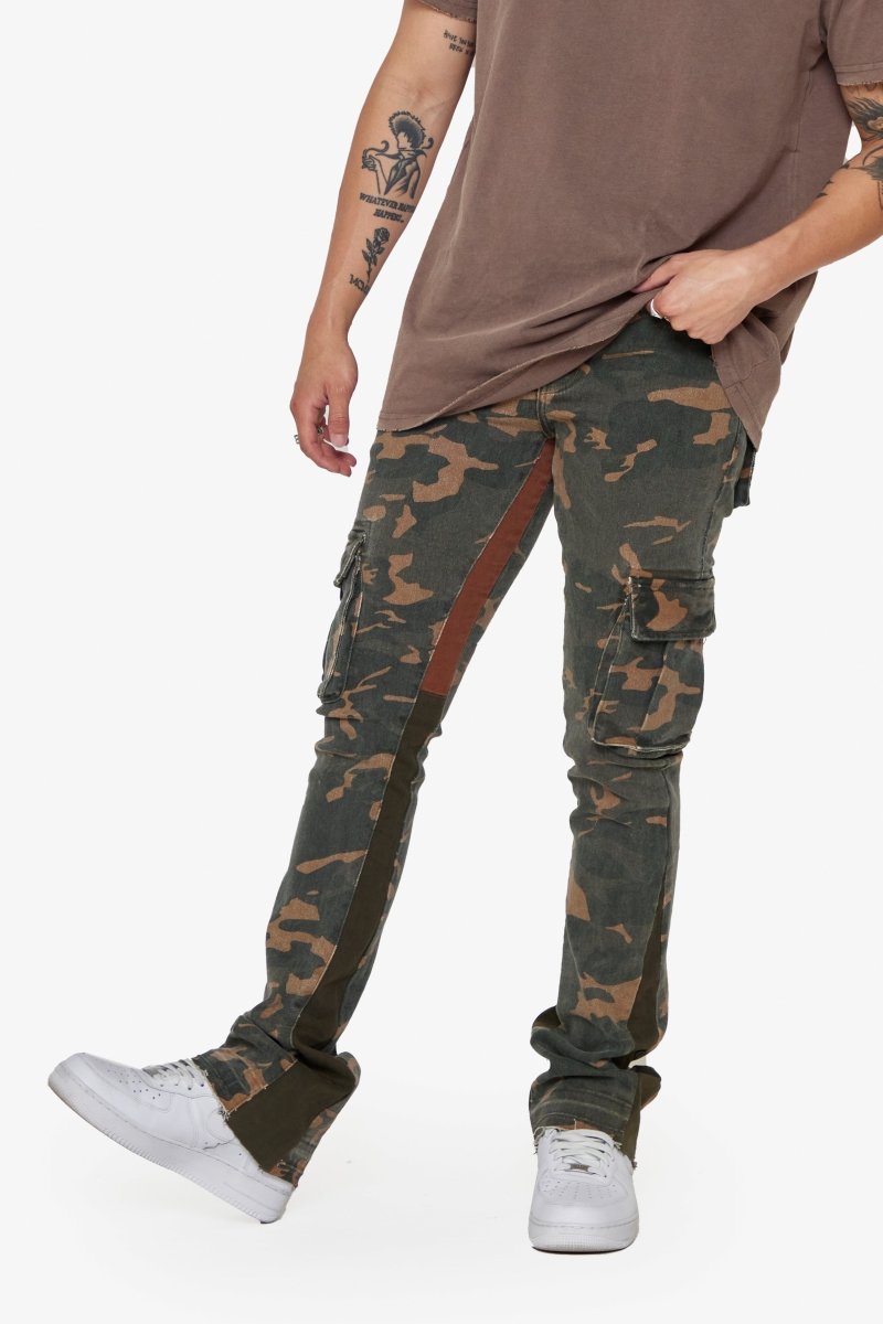 "COURAGE" STACKED FLARE JEAN OLIVE CAMO