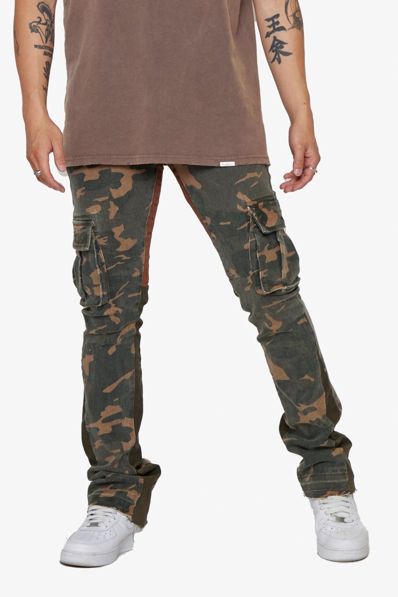 "COURAGE" STACKED FLARE JEAN OLIVE CAMO