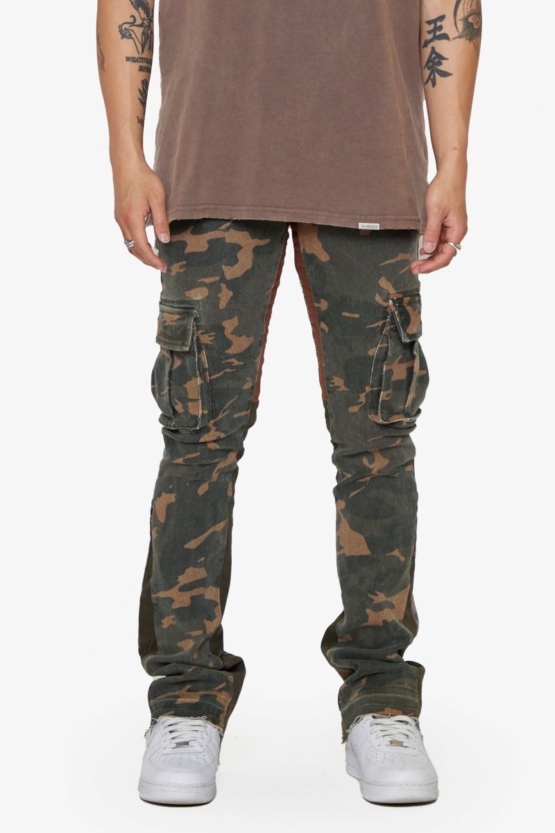 "COURAGE" STACKED FLARE JEAN OLIVE CAMO