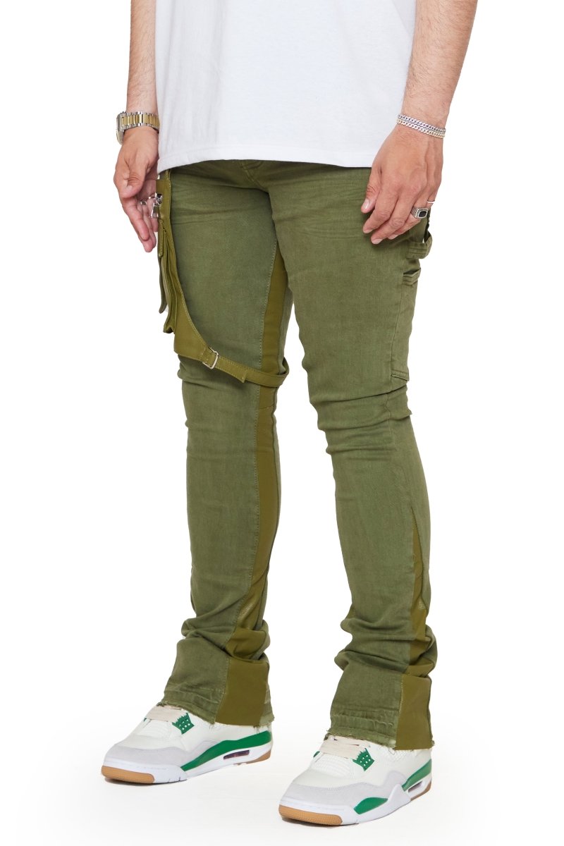 "DAPPER” STACKED FLARE JEAN OLIVE WASHED