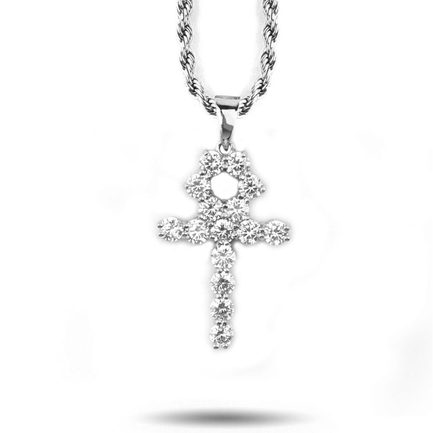 Micro Diamond Ankh Necklace Pendant White Gold & Rope Chain