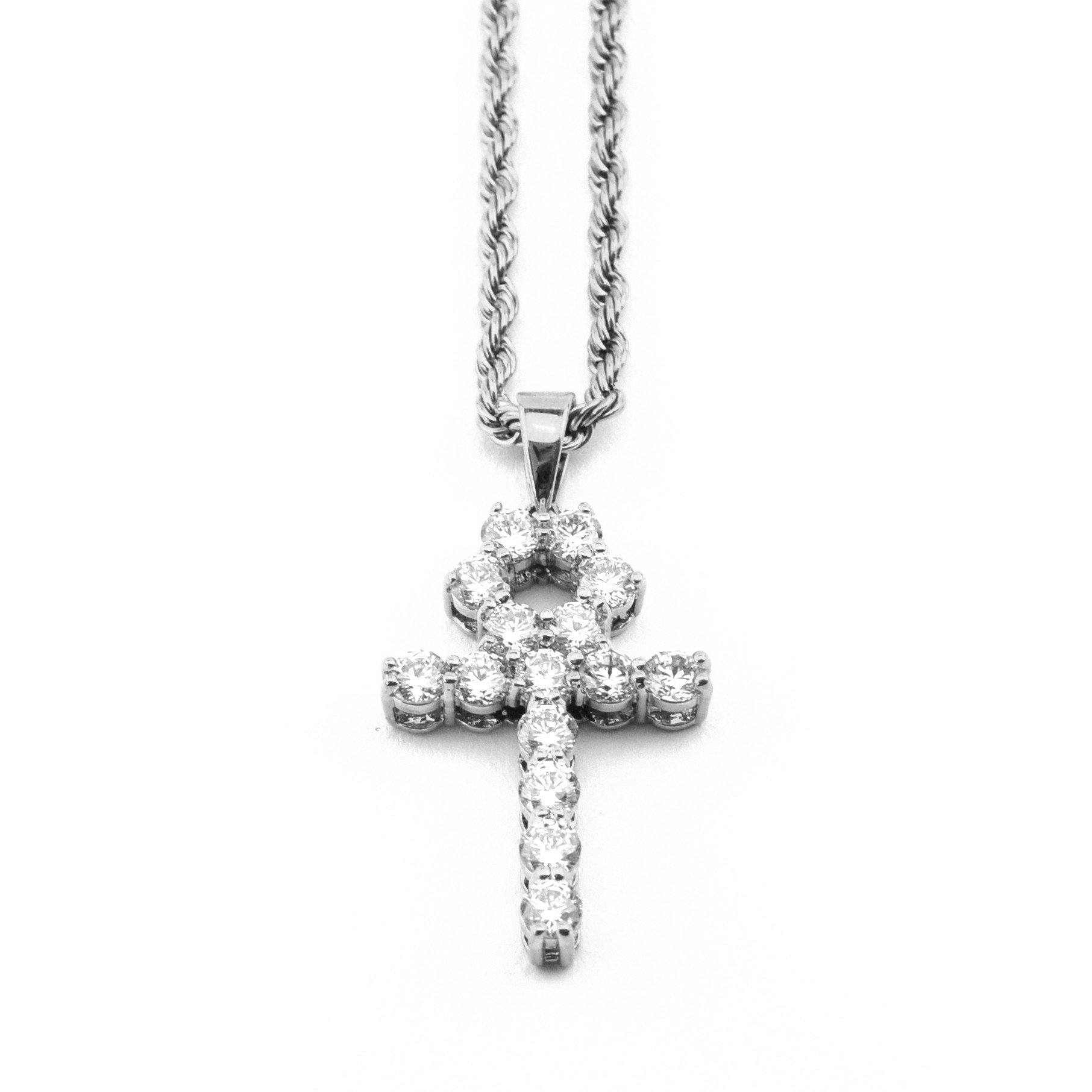Micro Diamond Ankh Necklace Pendant White Gold & Rope Chain