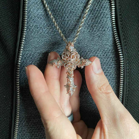 Diamond Rose Cross Necklace Pendant & Rope Chain