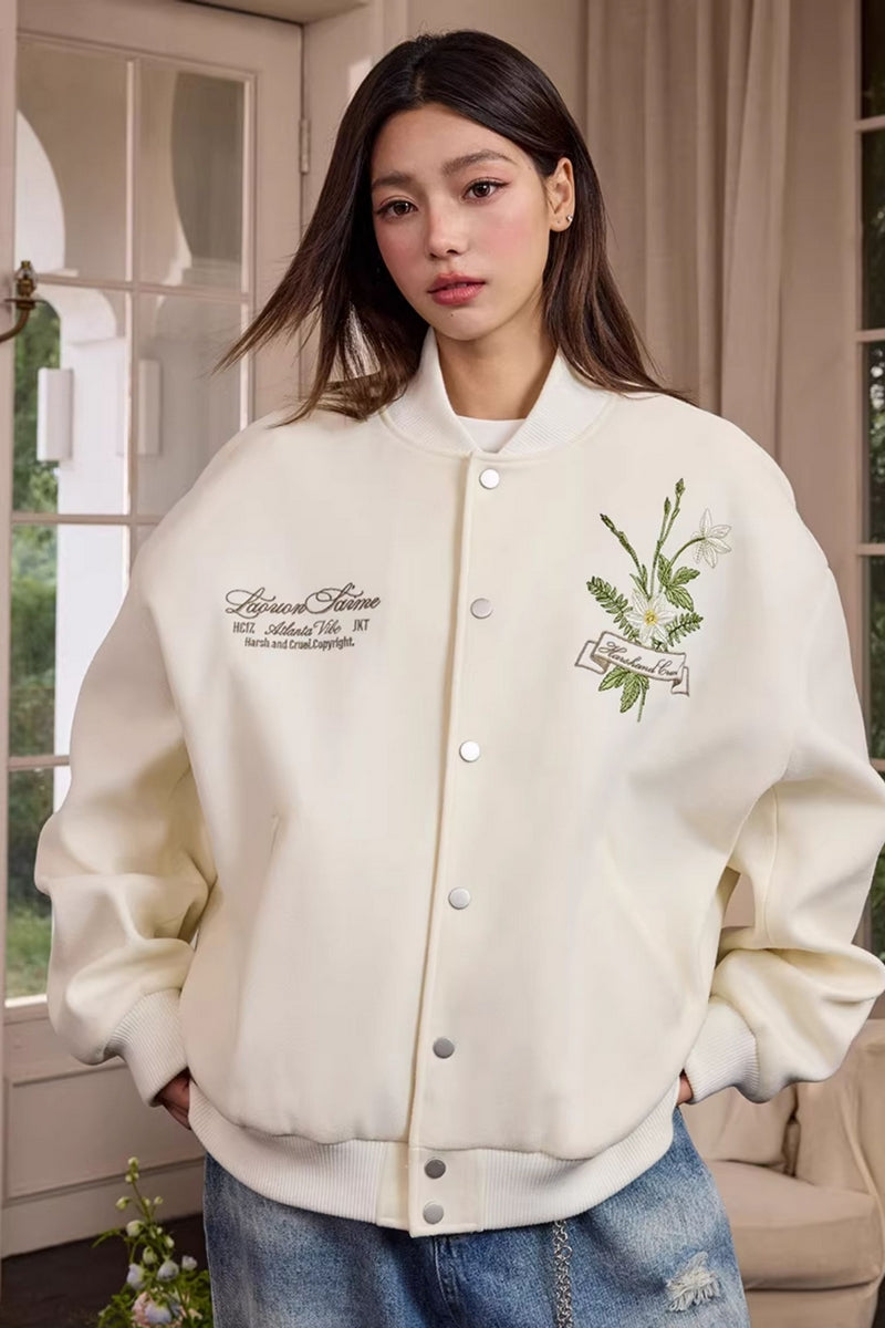 Floral Script Embroidery Varsity Jacket