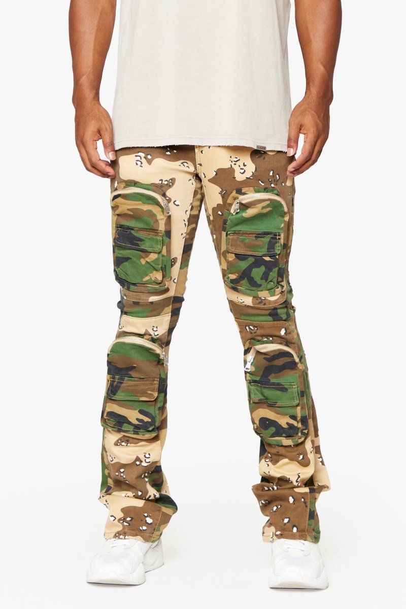 "DUAL SOLDIER" STACKED FLARE JEAN CAMO