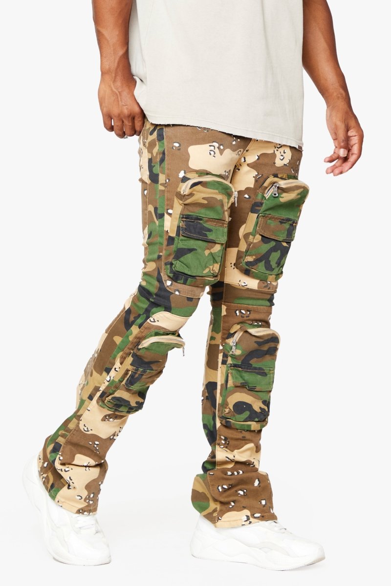 "DUAL SOLDIER" STACKED FLARE JEAN CAMO