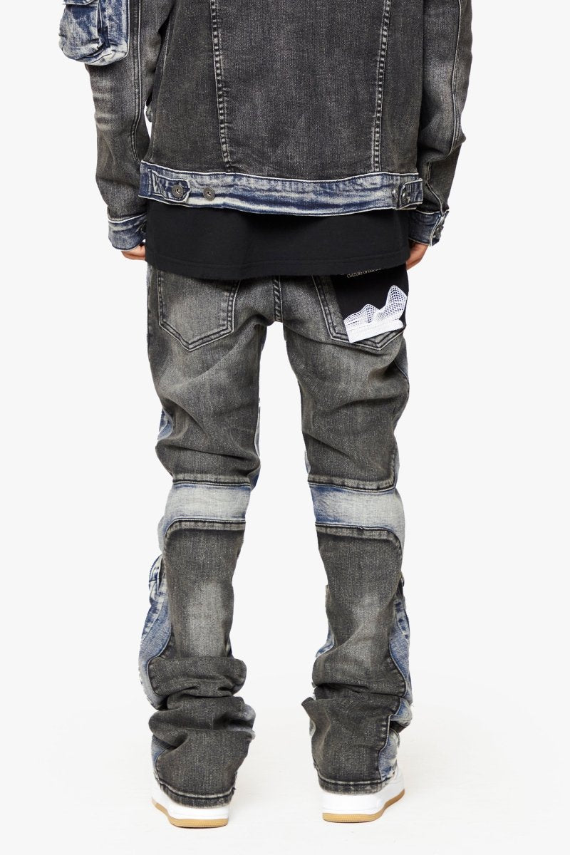 "DUAL SOLDIER" STACKED FLARE JEANS BLACK BLUE