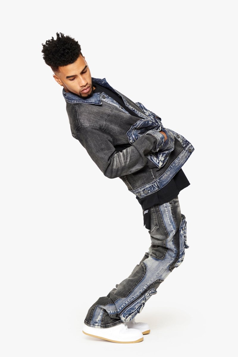 "DUAL SOLDIER" STACKED FLARE JEANS BLACK BLUE