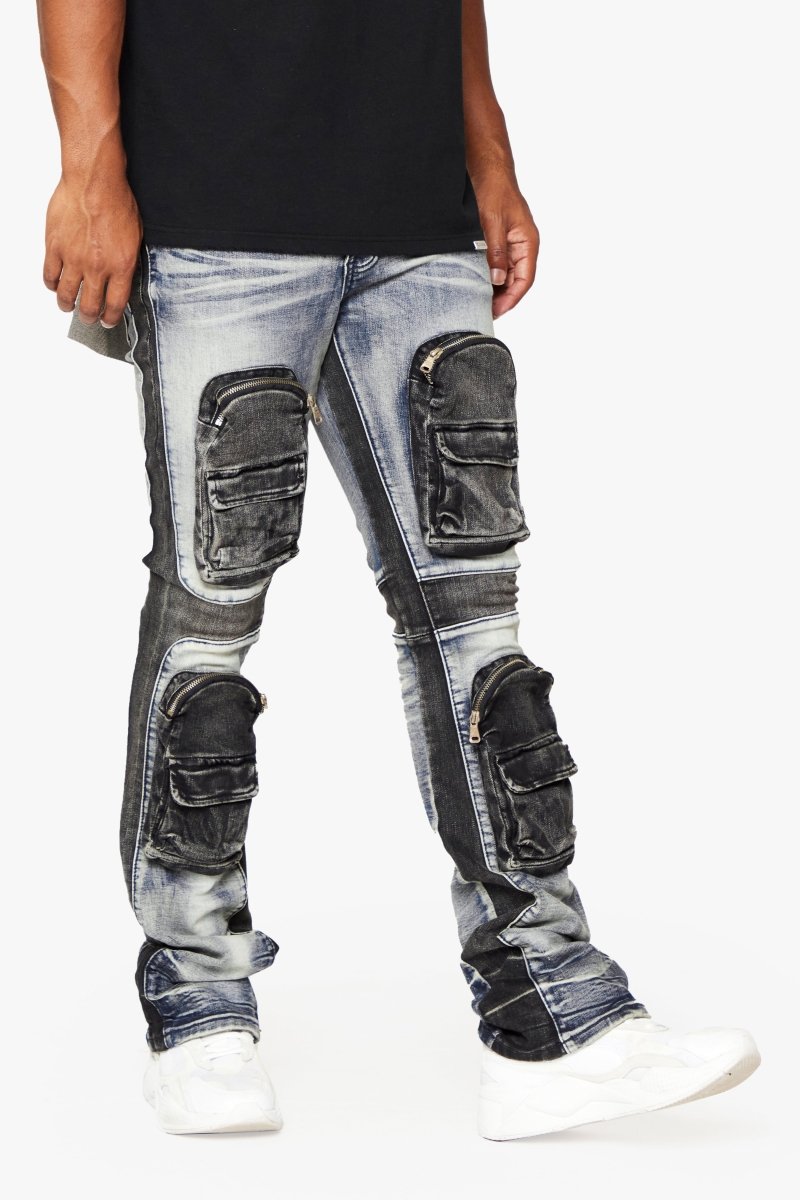 "DUAL SOLDIER" STACKED FLARE JEANS BLUE BLACK WASH
