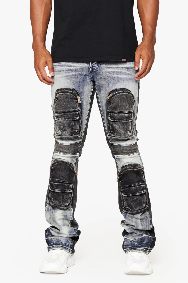 "DUAL SOLDIER" STACKED FLARE JEANS BLUE BLACK WASH