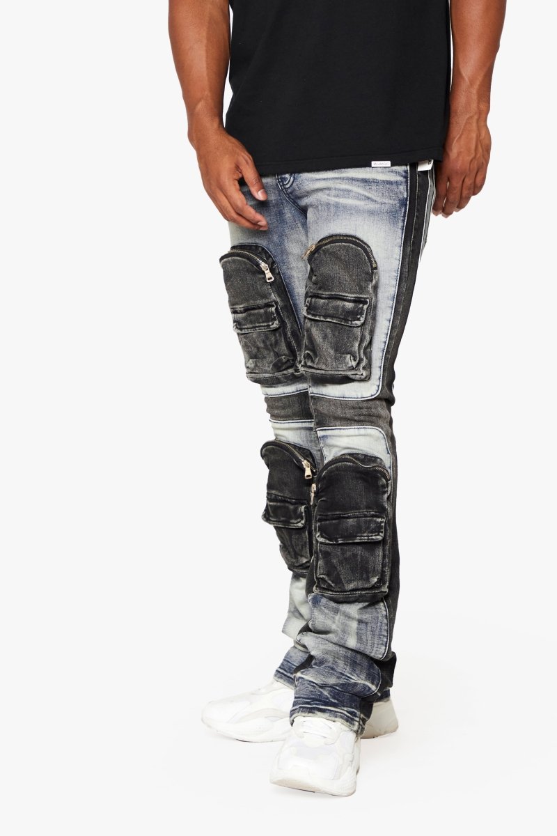 "DUAL SOLDIER" STACKED FLARE JEANS BLUE BLACK WASH