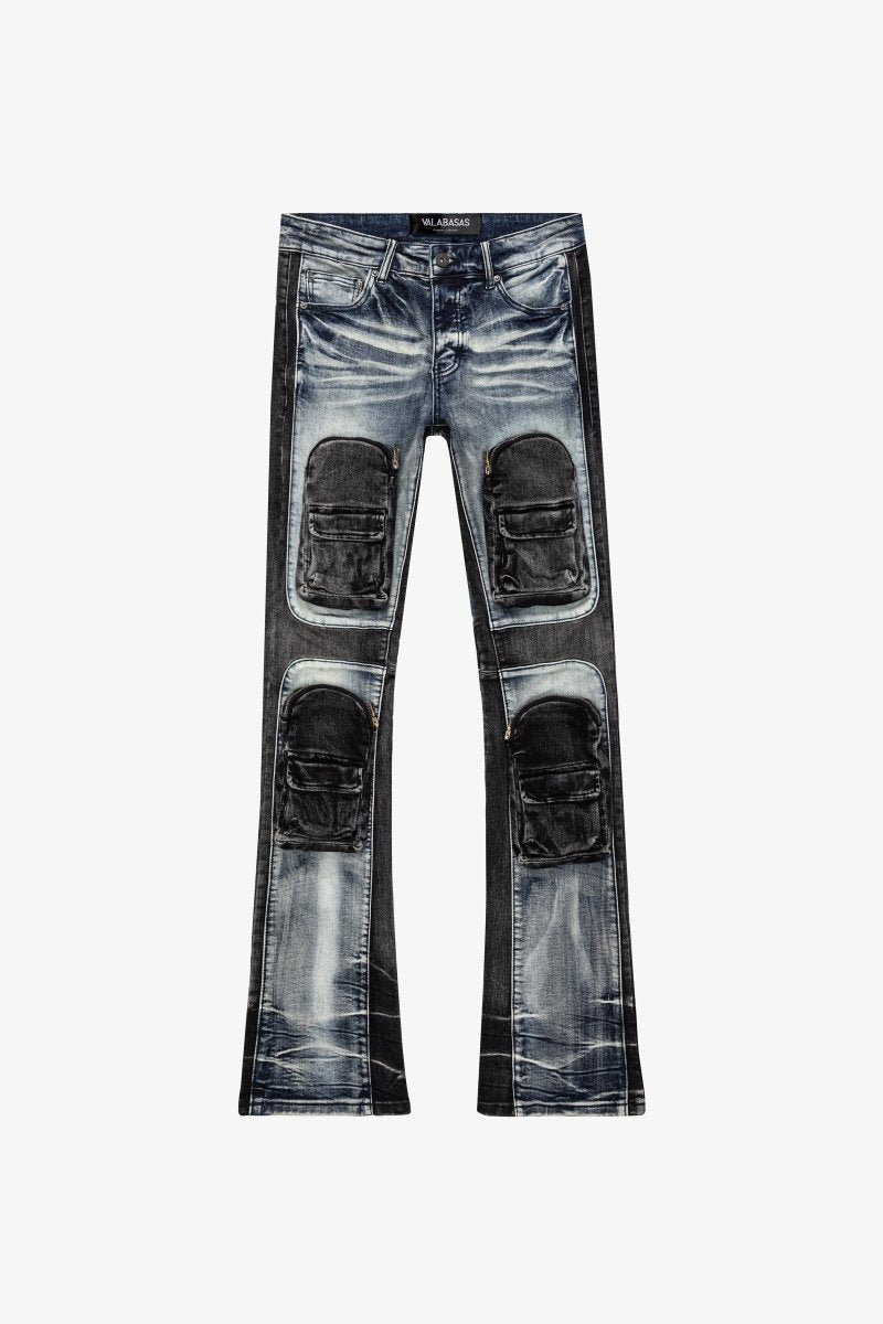 "DUAL SOLDIER" STACKED FLARE JEANS BLUE BLACK WASH