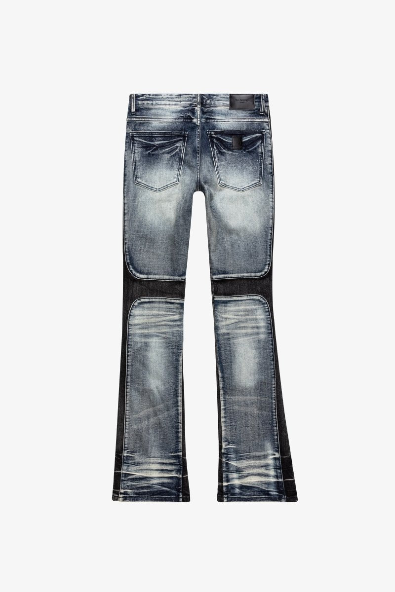 "DUAL SOLDIER" STACKED FLARE JEANS BLUE BLACK WASH