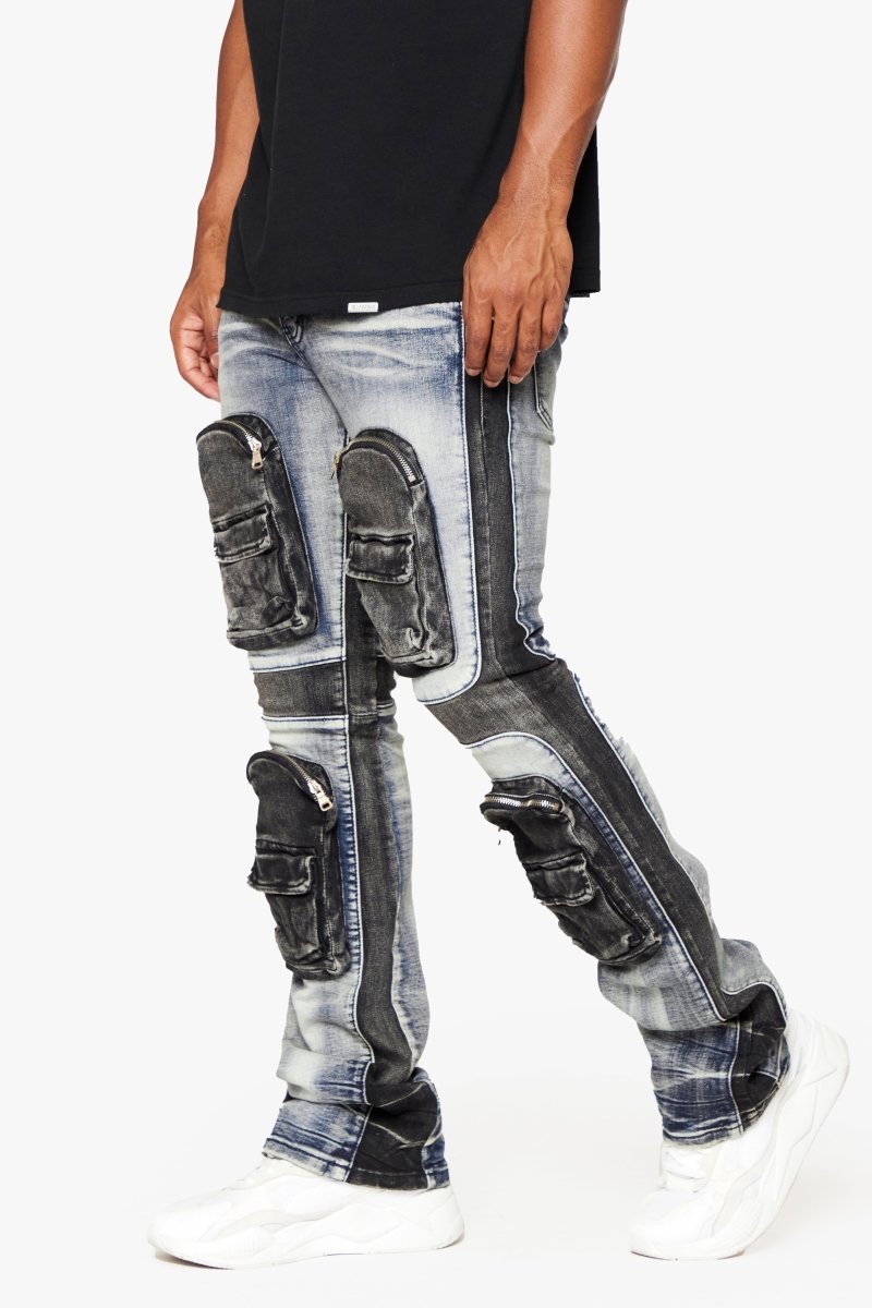 "DUAL SOLDIER" STACKED FLARE JEANS BLUE BLACK WASH