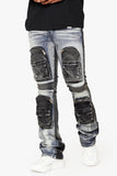 "DUAL SOLDIER" STACKED FLARE JEANS BLUE BLACK WASH